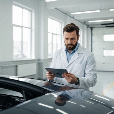 Professional automotive assessor inspecting car body panels with a digital tablet