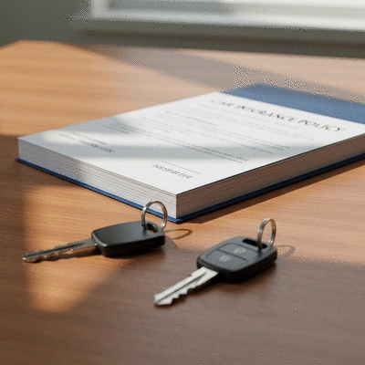 Modern car insurance policy documents on a wooden desk with car keys