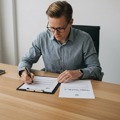 Person reviewing car insurance policy documents with a pen