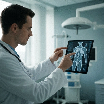 Medical professional pointing to a digital scan of a human torso