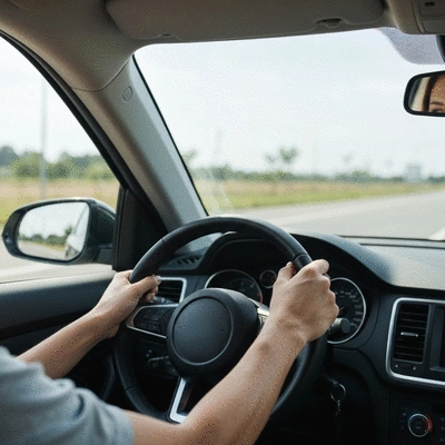 Driver hands on a steering wheel with a focused gaze on a clear road ahead
