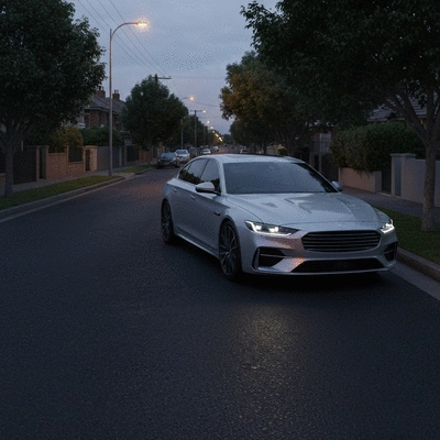 Modern car parked on a quiet Melbourne street at dusk with lights reflecting on pavement