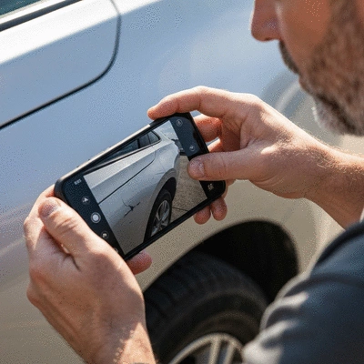 A person holding a smartphone to document car damage at an accident scene