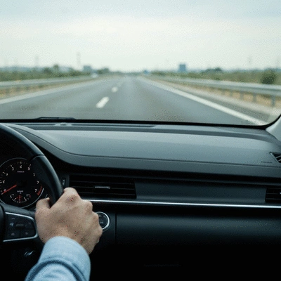 Modern car safety features and emergency hazard lights on a road