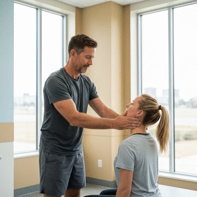Physiotherapist performing a neck assessment on a patient