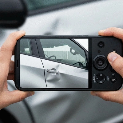 Close up of a modern smartphone camera taking a photo of a dented silver car door for insurance documentation