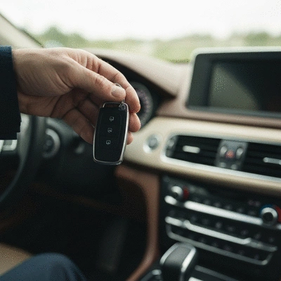 Close up of car keys and a modern vehicle dashboard