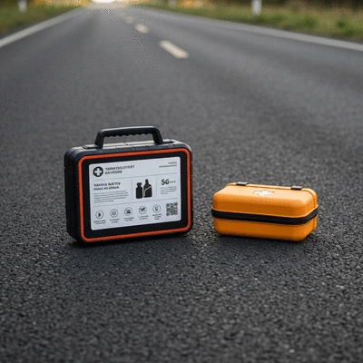 Modern car safety features and emergency kit on a clean road surface