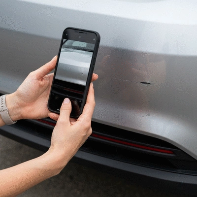 Close up of hands using a smartphone to photograph minor car bumper damage