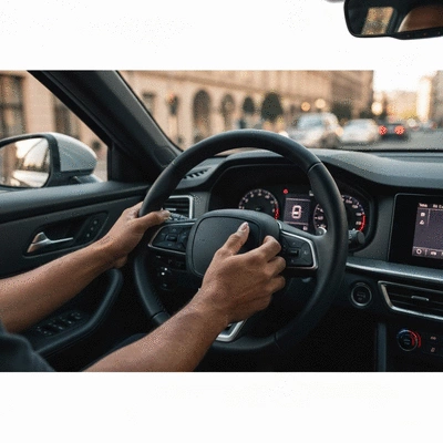 Driver holding a steering wheel with a focused expression on a city road