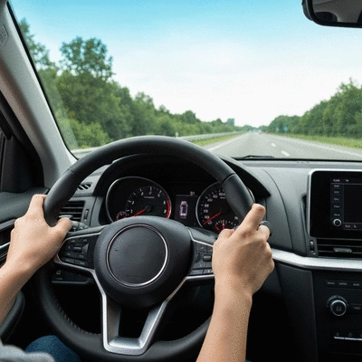 Driver hands on steering wheel in a modern car dashboard view