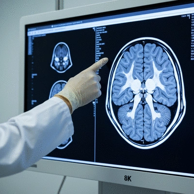 Modern medical professional reviewing a brain scan on a digital monitor
