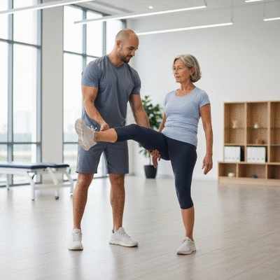 Professional physical therapist assisting a patient with mobility exercises in a bright clinic