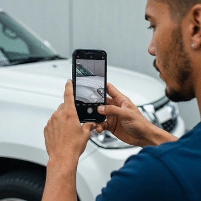 A person using a smartphone to take clear photos of vehicle damage at a scene