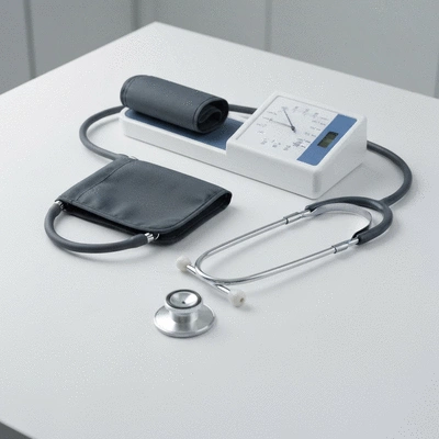 Emergency medical equipment on a clean surface in a clinical setting