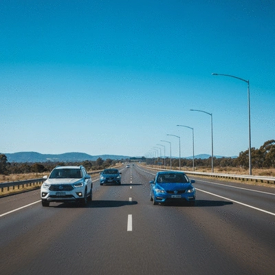 Modern cars on a multi-lane highway maintaining safe distances in clear weather