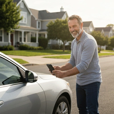 Driver taking photos of car damage for insurance