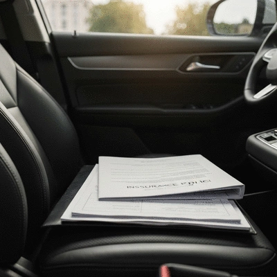 Modern car dashboard with insurance documents on the passenger seat