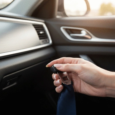 Close-up of a driver securely fastening a seatbelt in a modern car interior