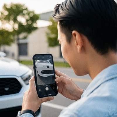 Hand holding a smartphone taking a photo of a minor car dent for evidence