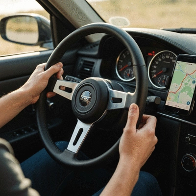 Driver hands on steering wheel with a blurred smartphone in a car mount showing a navigation map
