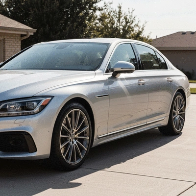 Modern luxury car parked in a clean suburban driveway