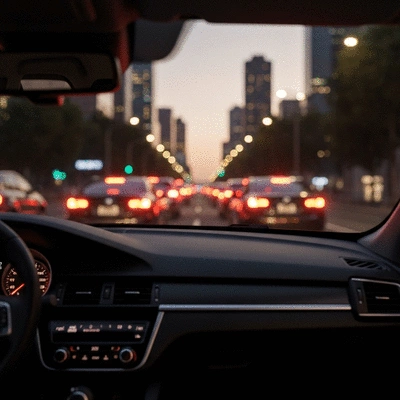 Modern car dashboard view through windshield of heavy Melbourne city traffic